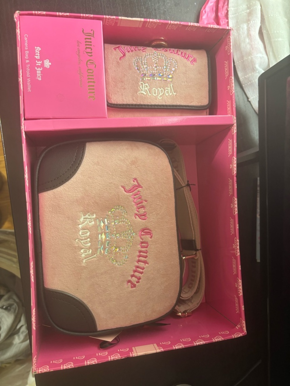Juicy Couture Pink and Brown 'Royal' Embroidered Crossbody with Matching Wallet